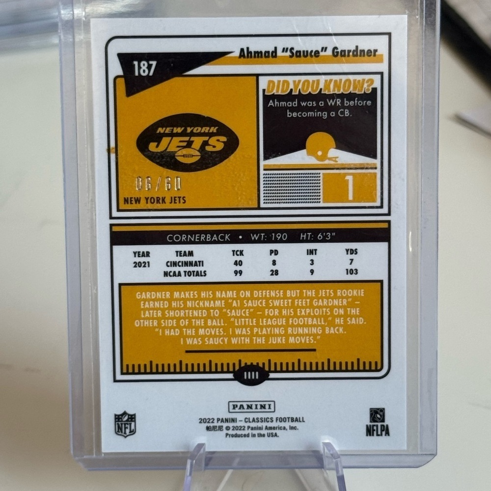2022 Ahmad Sauce Gardner /60 Panini Classics Rookie Card. Mint Condition - Picture 2 of 3